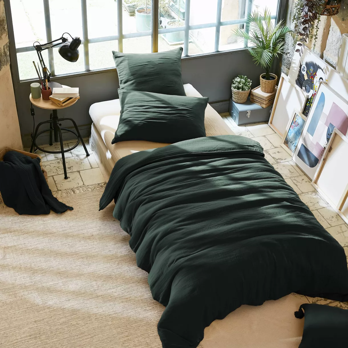 Bettbezug aus Baumwollgaze (140 x 200 cm) Gaïa Tannengrün