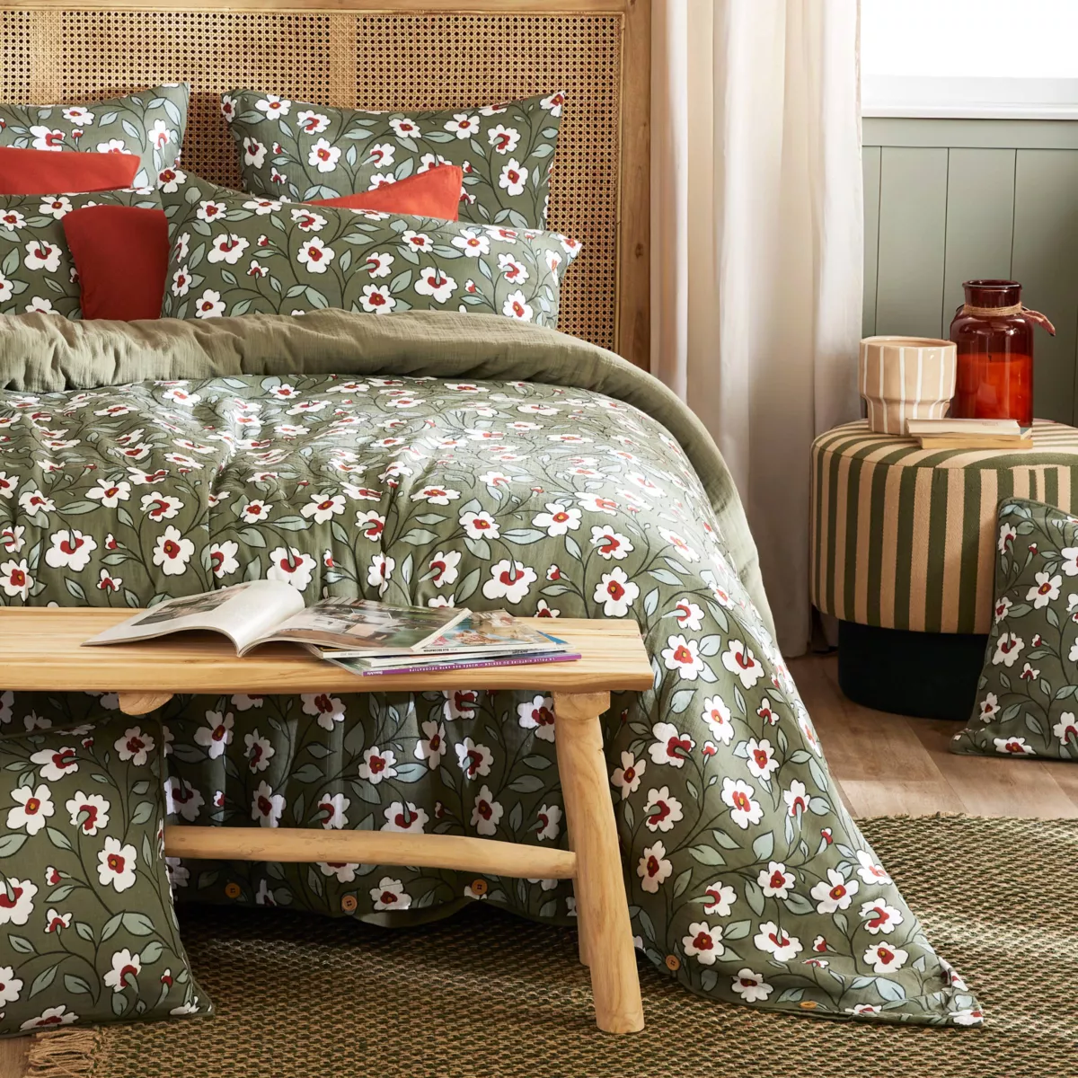 Housse de couette gaze de coton (140 x 200 cm) Gaïa marguerite Vert romarin