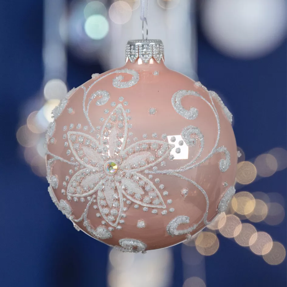 6er Set Weihnachtskugeln aus Glas (D80 mm) Porzellanblume Rosa