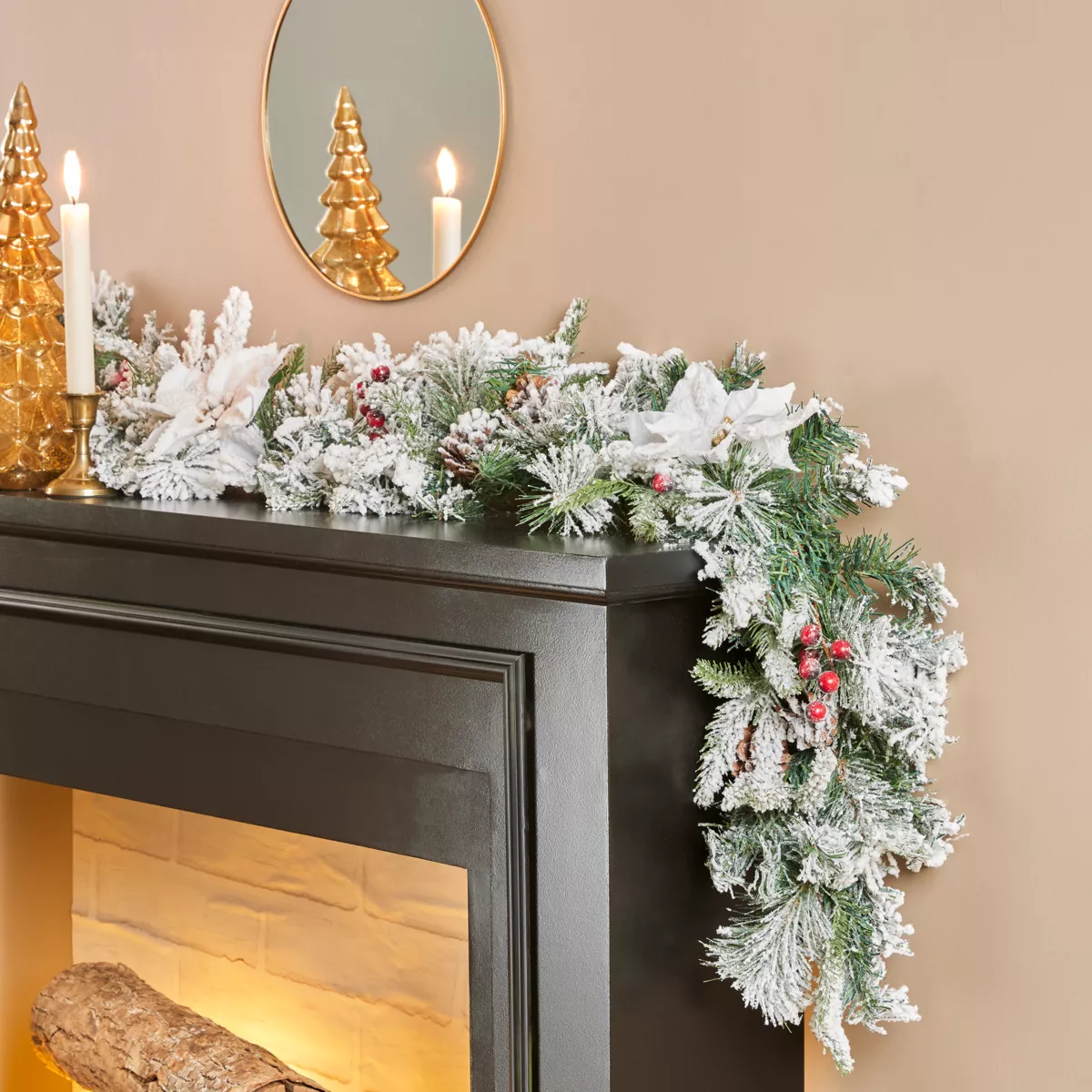 Guirlande de sapin (200 cm) Poinsettia luxe Blanc