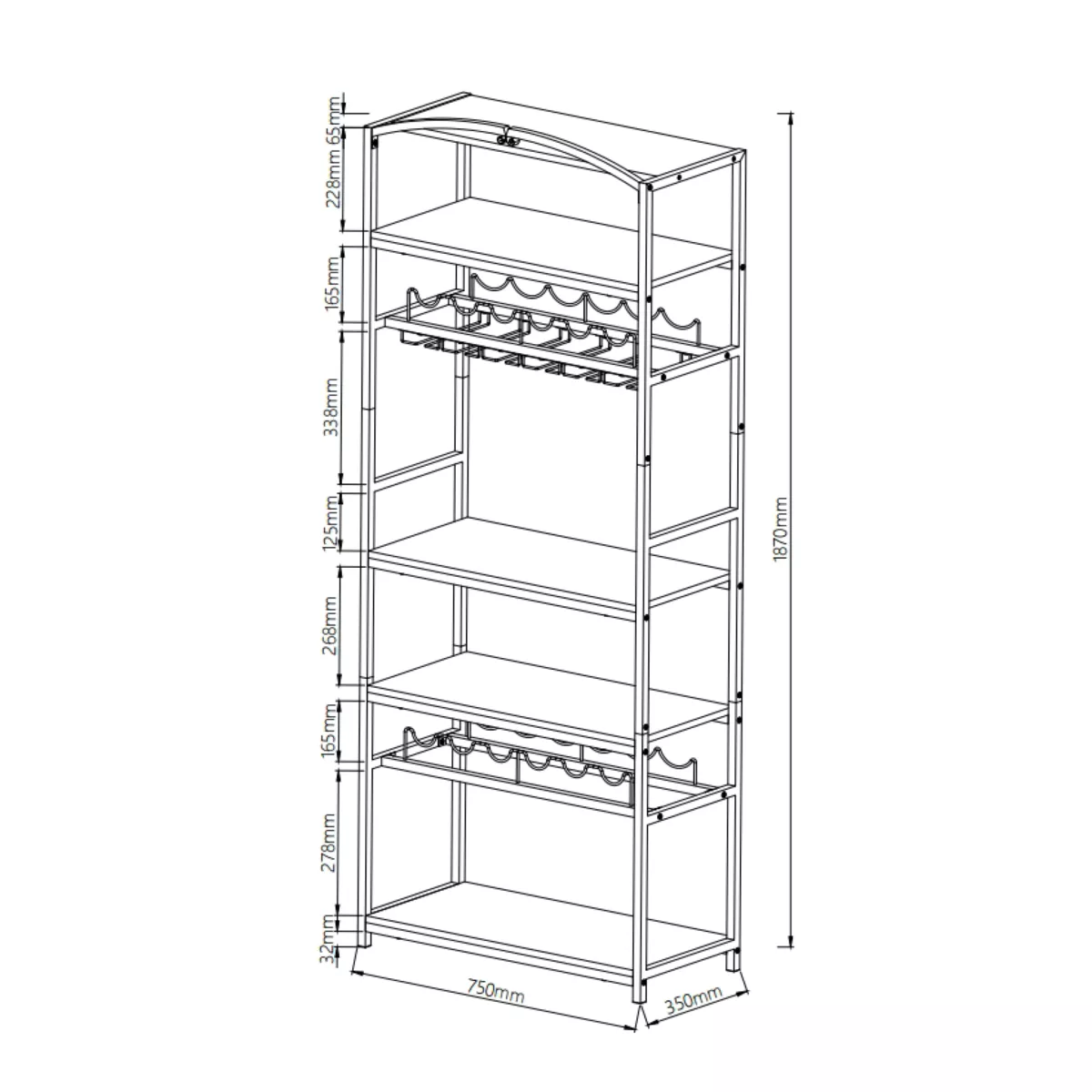 Mueble botellero industrial con 12 compartimentos y portavasos (H180 cm) Pablo Marrón