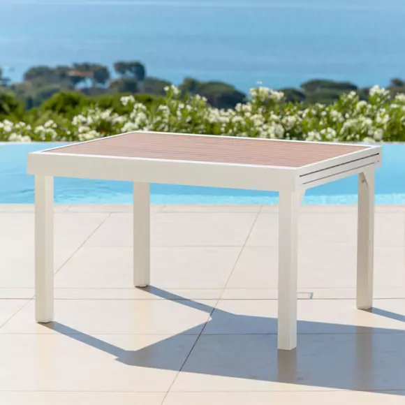 Mesa de jardín extensible 10 personas Aluminio efecto madera Murano (270 x 90 cm) - Blanca 8