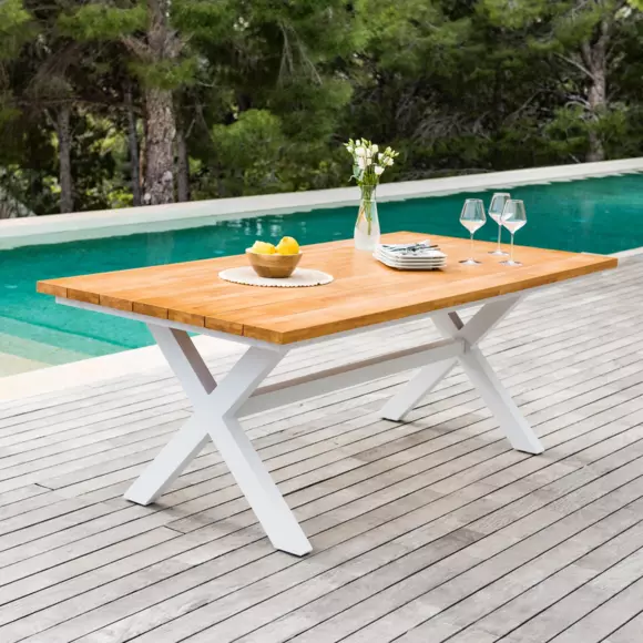 Mesa de jardín Bali de aluminio/Teck de 8 plazas (200 x 100 cm) - Blanco	 2