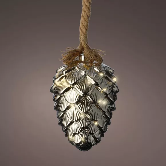 Hangdecoratie verlicht Dennenappel zilver (batterij) Warm wit