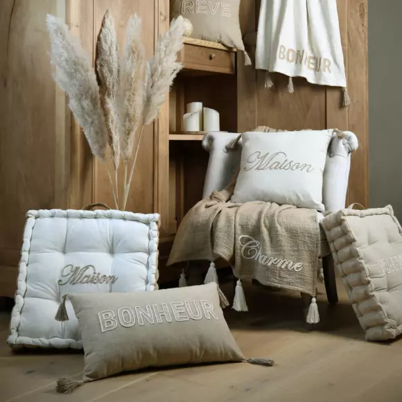 Jeté de canapé coton (150 cm) Maison Marron ficelle 2