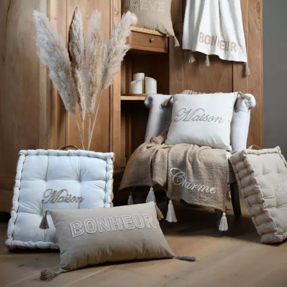Coussin rectangulaire coton (50 cm) Maison Marron ficelle 2