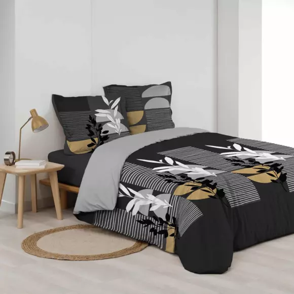 Housse de couette et deux taies coton (240 cm) Asior Noire 2