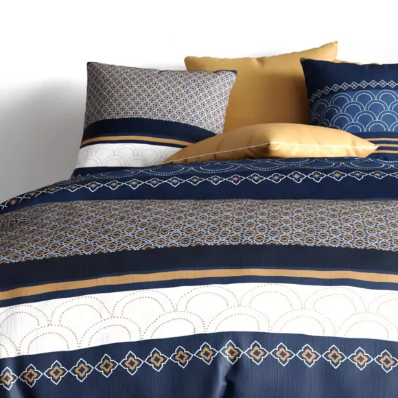 Housse de couette et deux taies coton (260 cm) Kalypso Bleue 2