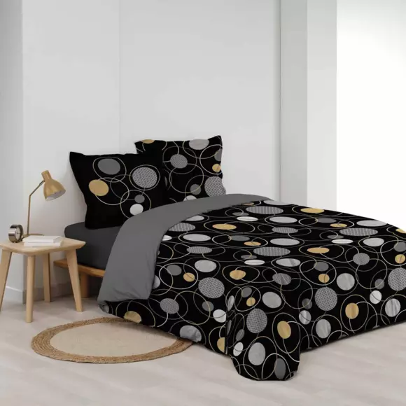 Housse de couette et deux taies coton (240 cm) Milor Noire 2