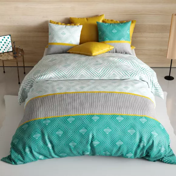 Funda nórdica y dos fundas de almohada en algodón (240 cm) Aurah Verde esmeralda 2