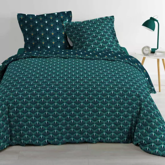 Housse de couette et deux taies coton (260 cm) Meloe Bleu canard 2