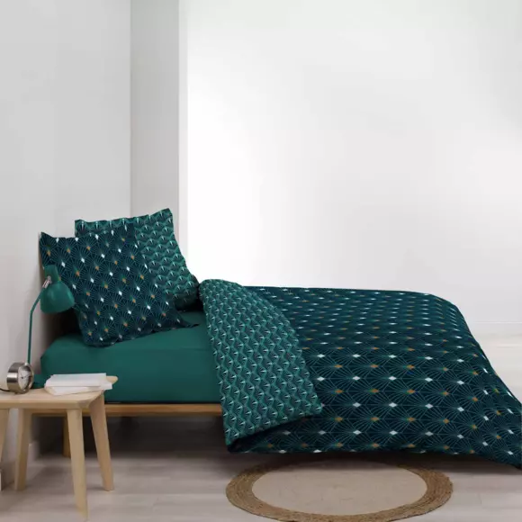 Housse de couette et deux taies coton (260 cm) Meloe Bleu canard 3