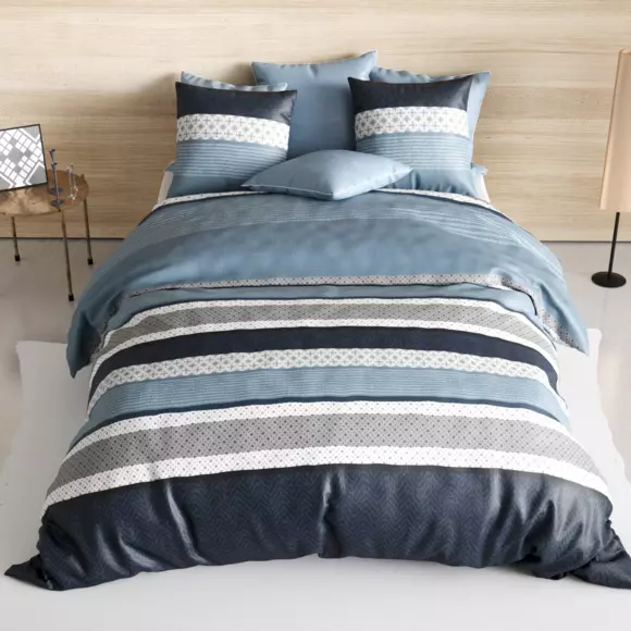 Housse de couette et deux taies coton (260 cm) Lorenzo Bleue 2