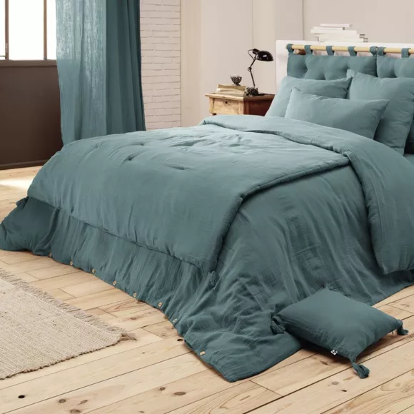 Cache-sommier Gaze de coton (160 x 200 cm Gaïa Bleu canard 3