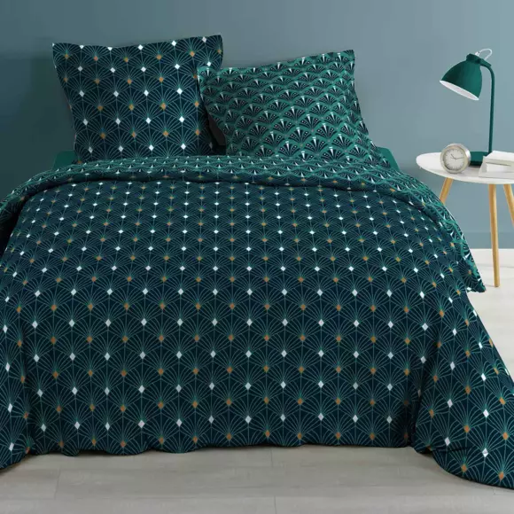 Housse de couette et deux taies coton (240 cm) Meloe Bleu canard 2