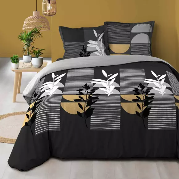 Housse de couette et deux taies coton (260 cm) Asior Noire 2