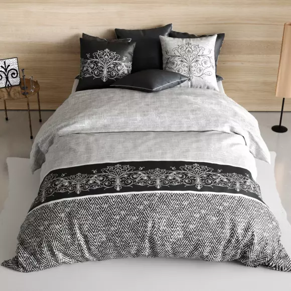 Housse de couette et deux taies coton (240 cm) Tayla Noire 3