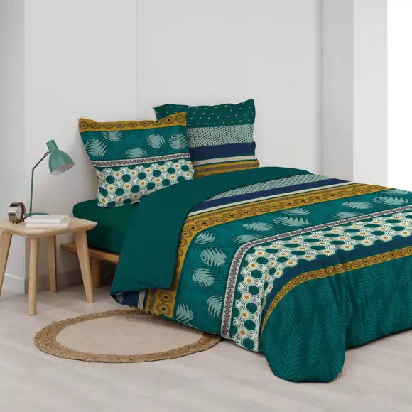Housse de couette et deux taies coton (260 cm) Lauralys Verte 2
