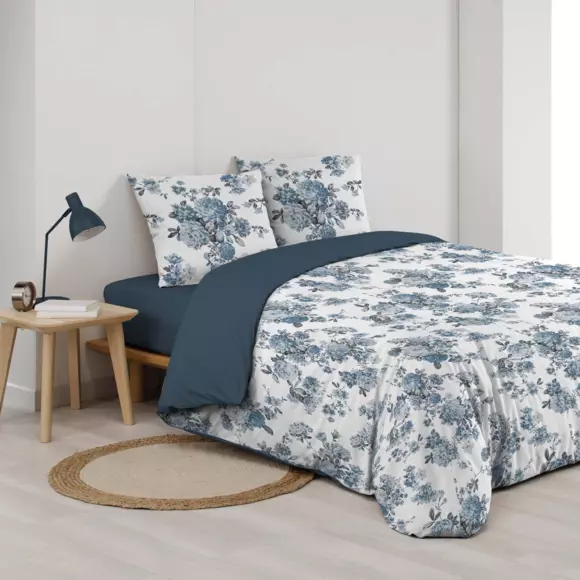Housse de couette et deux taies gaze de coton (240 cm) Roselia Bleue 3