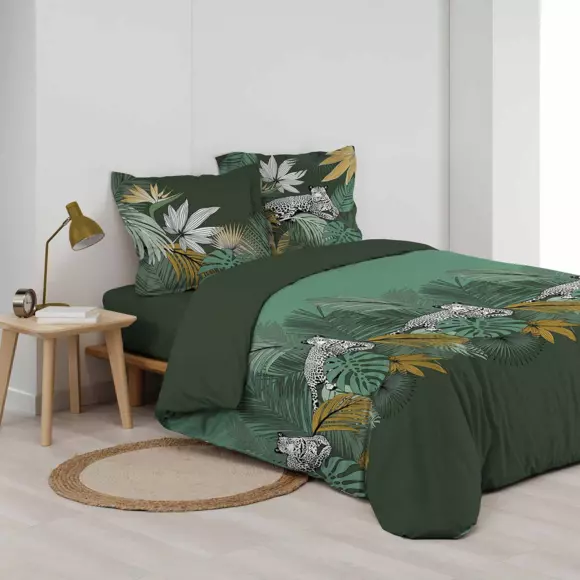 Housse de couette et deux taies coton (240 cm) Leo Jungle Verte 2