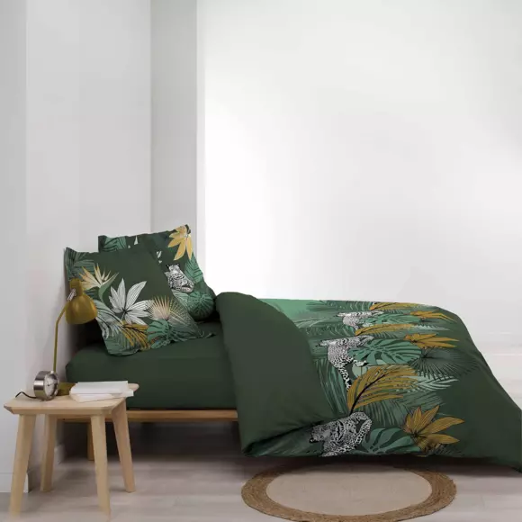Housse de couette et deux taies coton (260 cm) Leo Jungle Verte 2