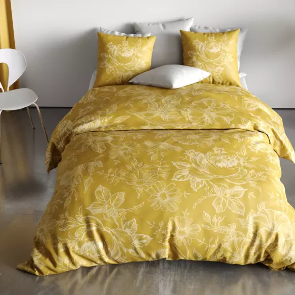 Housse de couette et deux taies coton bio (260 cm) Victoria Jaune ocre 2