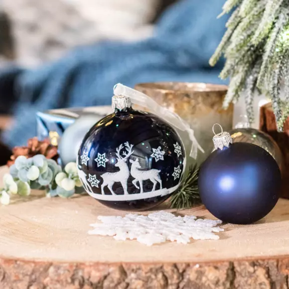 6er set Weihnachtskugeln aus Glas (D80 mm) Sous la neige Dunkelblau  3