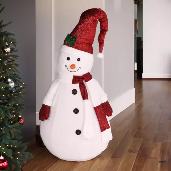 Bonhomme de neige pliable lumineux à piles H140 cm rouge 2