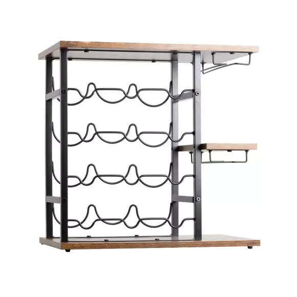 Industrieel flessenrek met 12 vakken en glazenhouder (H 50 cm) Arthur Zwart