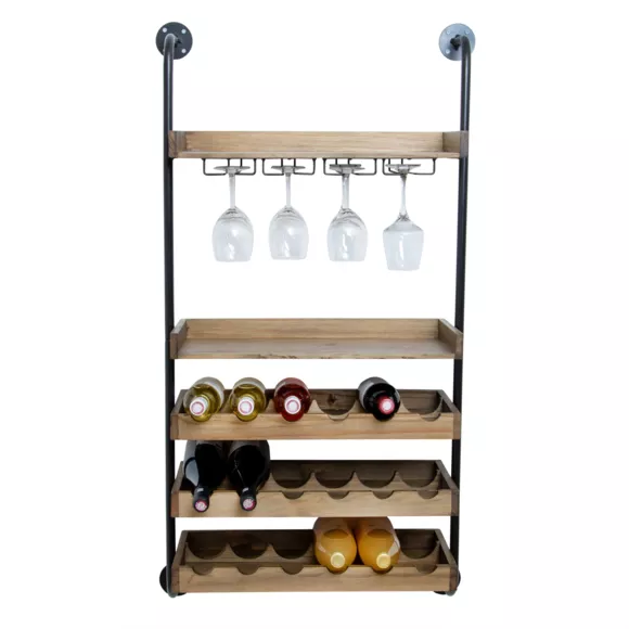 Mueble portabotellas de pared de madera y metal con 18 compartimentos y portavasos (H120 cm) Isaac Marrón 4
