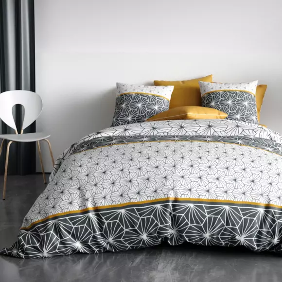 Housse de couette et deux taies coton (240 cm) Mijo Grise