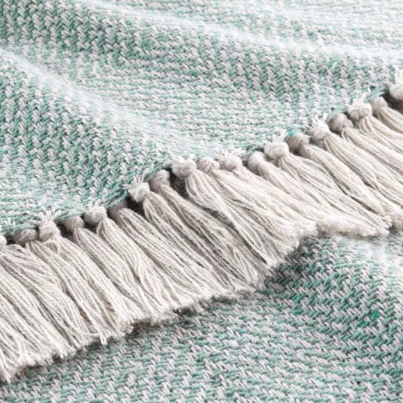 PLAID A FRANGES 125 x 150 CM COTON TISSE LOUISETTE SAUGE