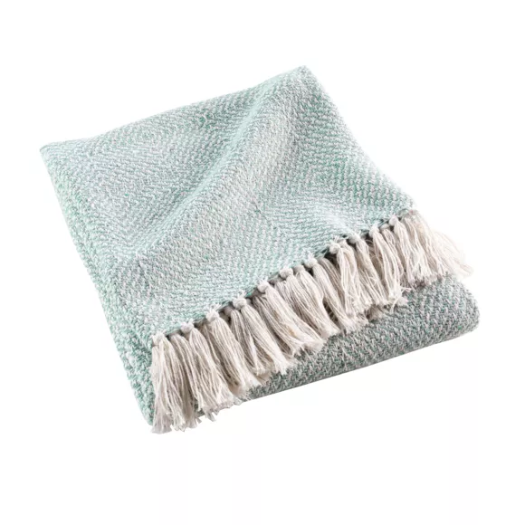 PLAID A FRANGES 125 x 150 CM COTON TISSE LOUISETTE SAUGE