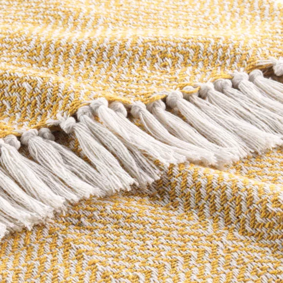 PLAID A FRANGES 125 x 150 CM COTON TISSE LOUISETTE JAUNE