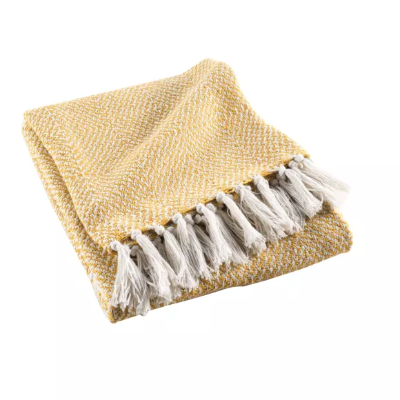 PLAID A FRANGES 125 x 150 CM COTON TISSE LOUISETTE JAUNE