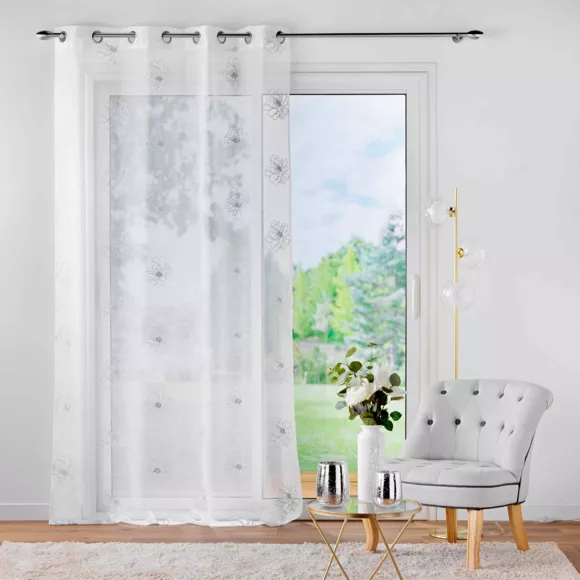 PANNEAU A OEILLETS 140 x 240 CM VOILE SABLE BRODE METALLISE SUBLIMINI BLANC