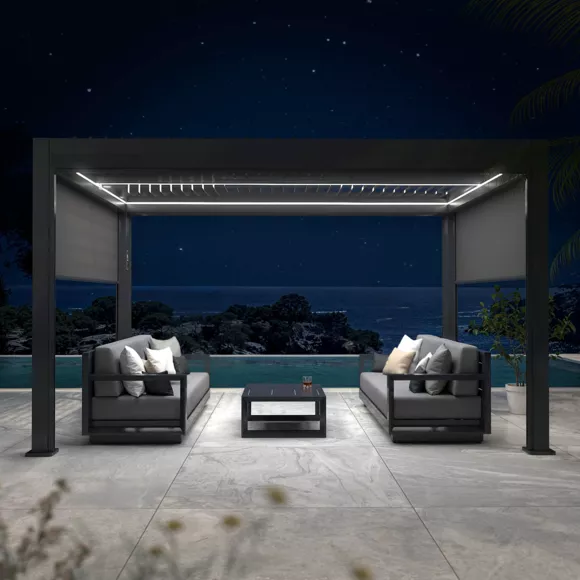 Pergola bioclimatica autoportante motorizzata alluminio (3 x 4 m) LED - Grigio antracite