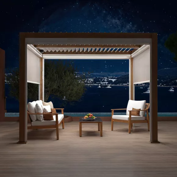 Gemotoriseerde zelfdragende bioklimatologische aluminium pergola (3 x 3 m) LED - Hout