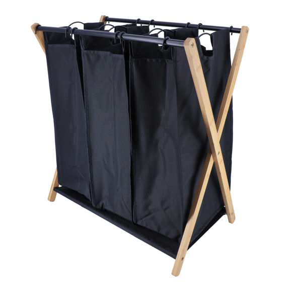 PANIERE A LINGE 3 COMPARTIMENTS POLYESTER STRUCTURE BAMBOU / METAL  - NOIR/BAMBOU