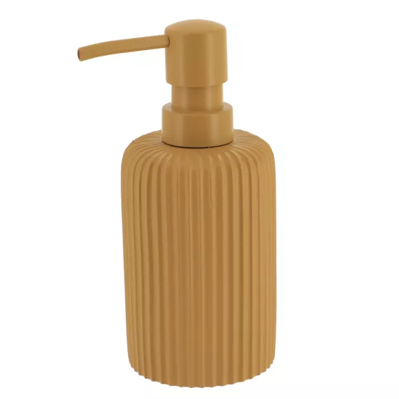 SET GOBELET DISTRIBUTEUR A SAVON ET PORTE SAVON POLYRESINE STRIEE - MOUTARDE