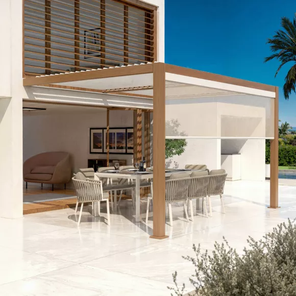 Pérgola bioclimática adosada motorizada de aluminio  (3 x 4 m) LED - Madera