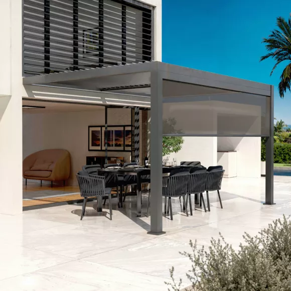 Pérgola bioclimática adosada motorizada de aluminio  (3 x 4 m) LED - Gris antracita