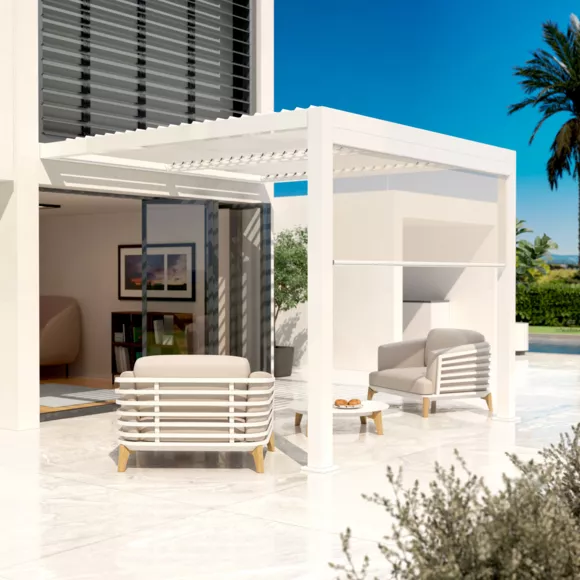 Pérgola bioclimática adosada motorizada de aluminio  (3 x 3 m) LED - Blanco