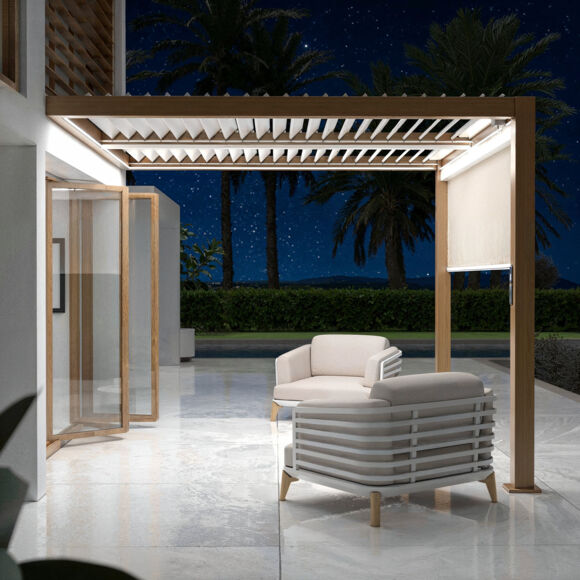 Pergola bioclimatique adossée motorisée aluminium (3 x 3 m) LED - Bois 