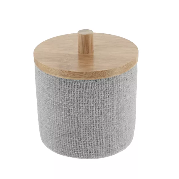 BOITE A COTON POLYRESINE RONDE EFFET MAILLE  ET BAMBOU  - GRIS