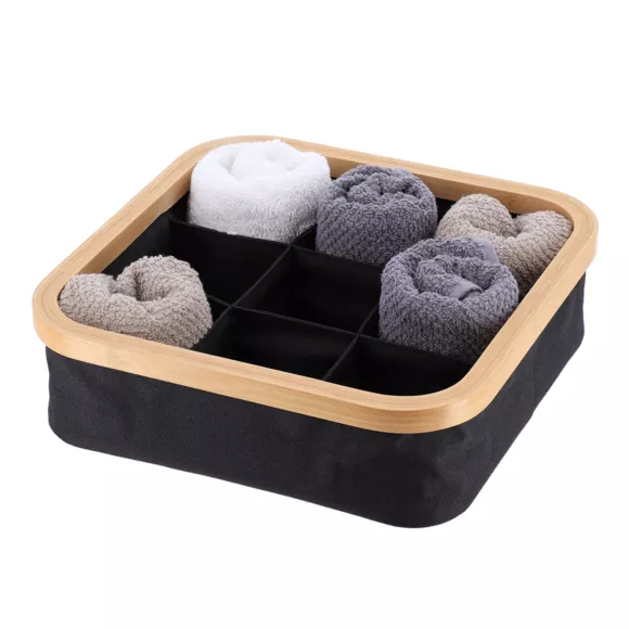 PANIER CARRE PLIABLE POLYESTER 9 COMPARTIMENTS DE RANGEMENT CERCLAGE BAMBOU - NOIR/BAMBOU