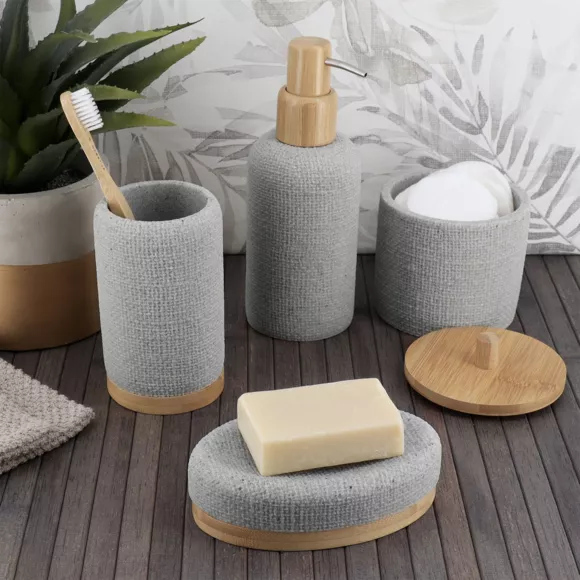 BOITE A COTON POLYRESINE RONDE EFFET MAILLE  ET BAMBOU  - GRIS