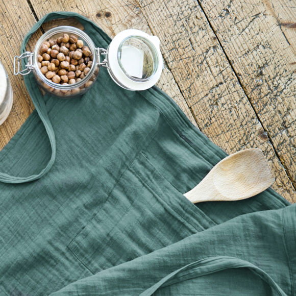 Kochschürze mit Taschen aus Baumwoll-Gaze Gaïa Petrolblau