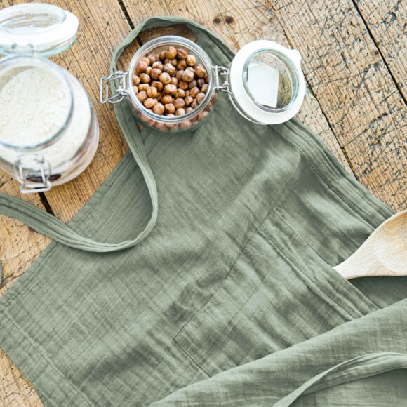 Kochschürze mit Taschen aus Baumwoll-Gaze Gaïa Eukalyptusgrün 