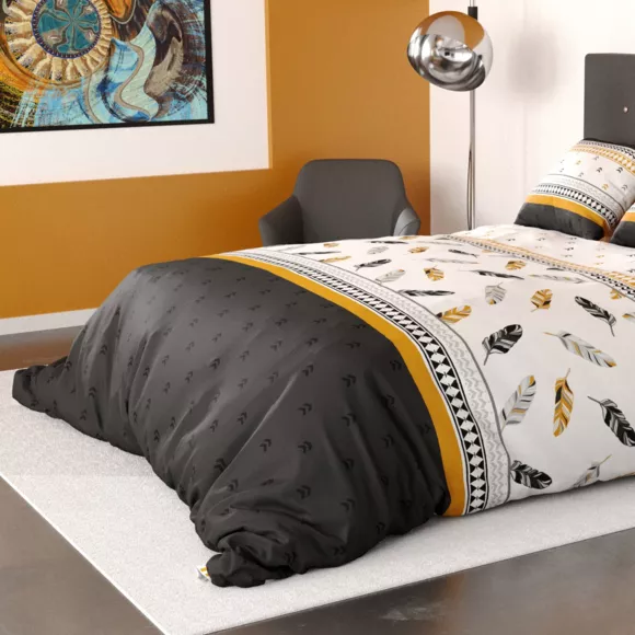 Housse de couette et deux taies coton (240 x 220 cm) Plume Jaune ocre